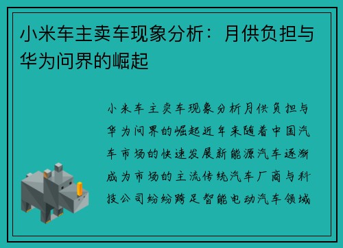 小米车主卖车现象分析：月供负担与华为问界的崛起