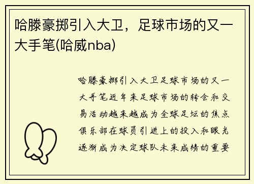 哈滕豪掷引入大卫，足球市场的又一大手笔(哈威nba)