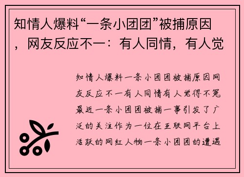 知情人爆料“一条小团团”被捕原因，网友反应不一：有人同情，有人觉得“不冤”